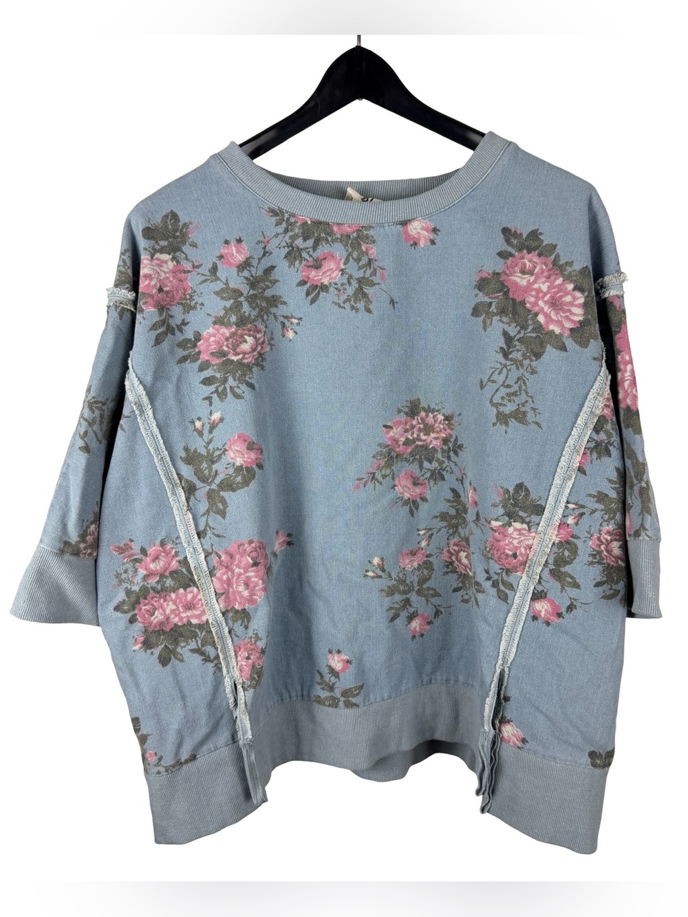Women’s Y2K Bibi Floral AOP Blue Pullover Short Sleeve Sweatshirt Size XL